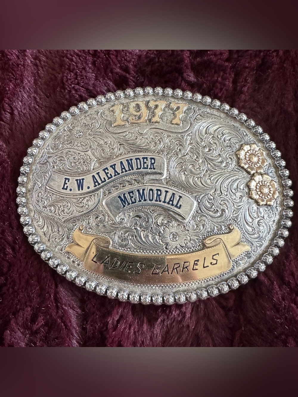 EW Alexander Memorial Rodeo Sterling Silver Gold Ladies Barrels Belt Buckle 1977